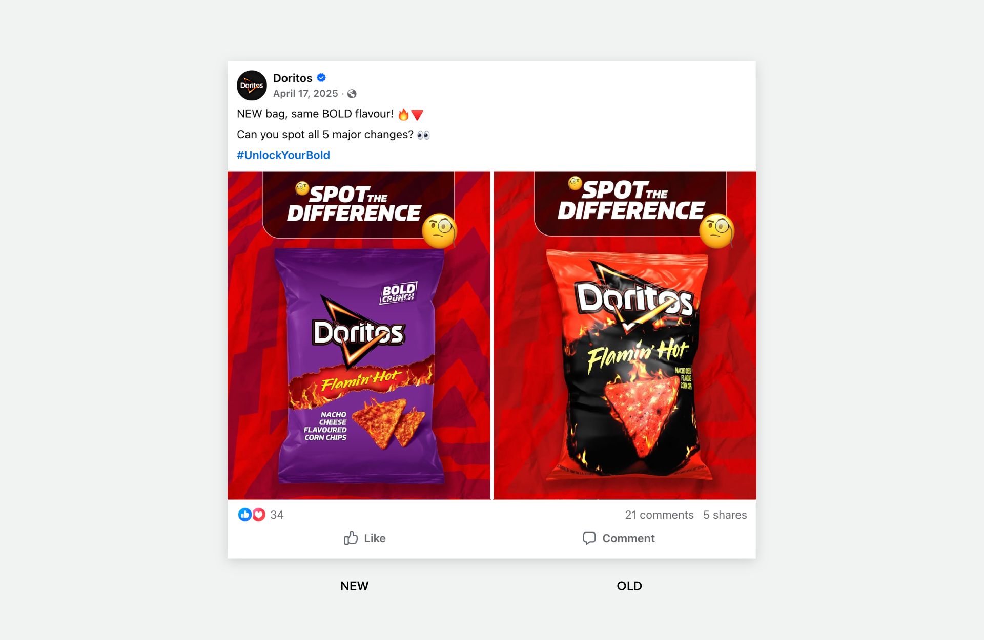 Doritos 'Spot the difference' social media post comparing new bag designs for Flamin Hot Doritos